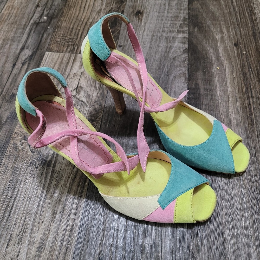 Casadei Multicolor Pastel Seude Leather Pumps Heels Size 7 1/2 (Distressed)